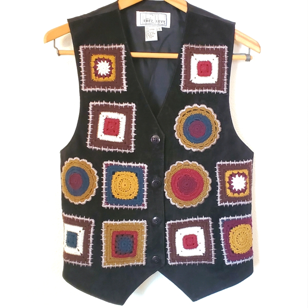 M Vintage 1990's Leather Suede Crochet Black Vest
